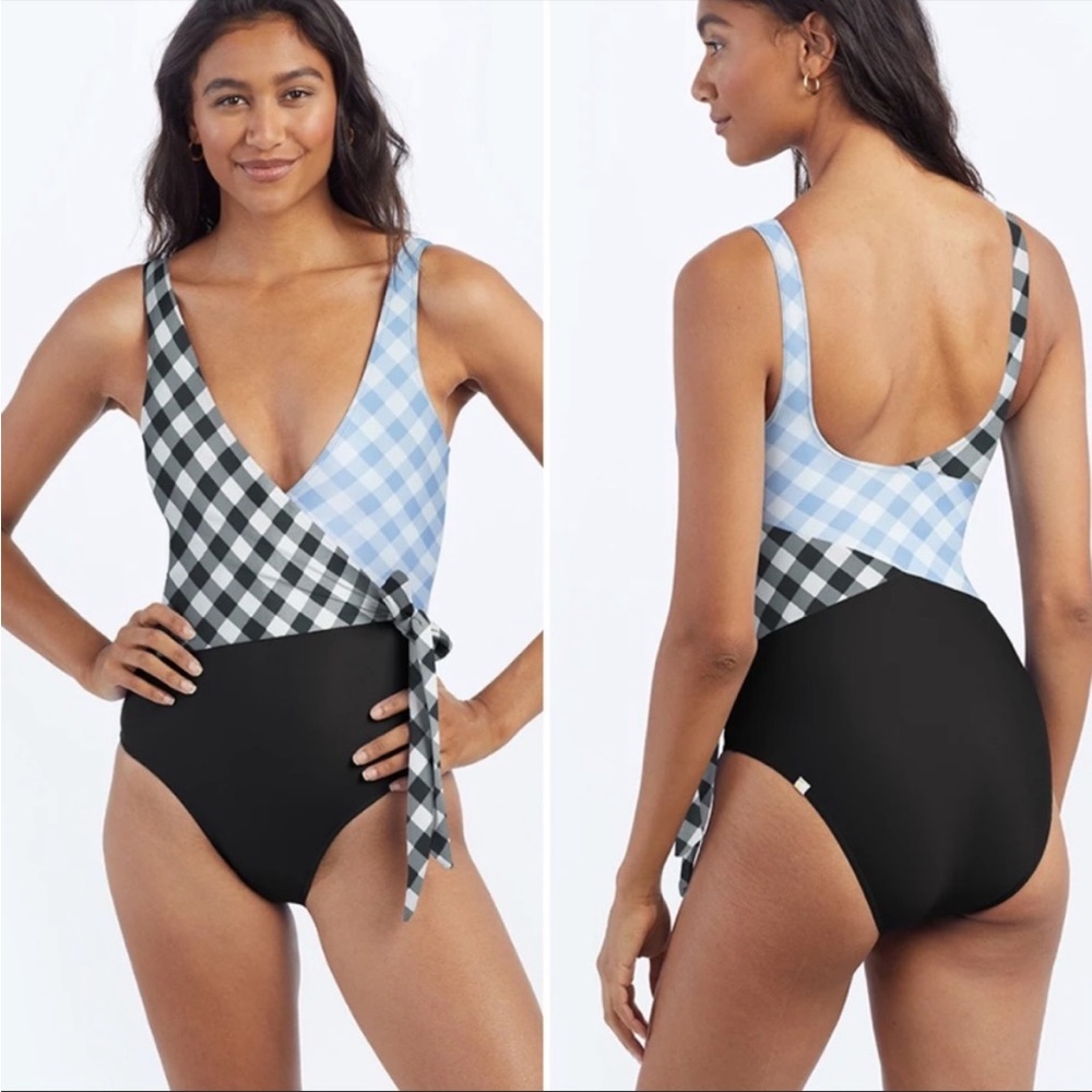 Summersalt The Perfect Wrap One Piece Swimsuit New Black and Blue Gingham 14